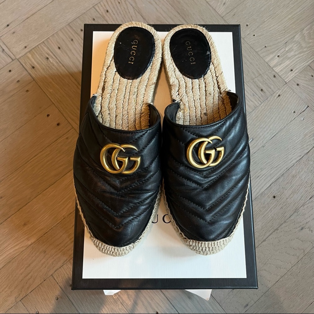 Gucci Black Mormont GG leather espadrilles mules/slides sz 38